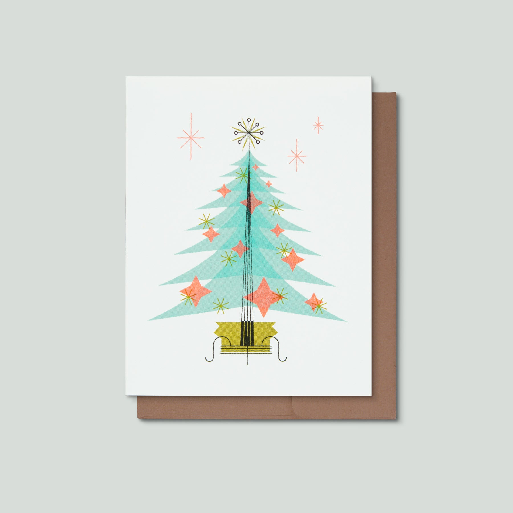 Greeting card with a Christmas tree design on a white background