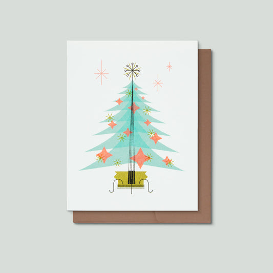 Greeting card with a Christmas tree design on a white background