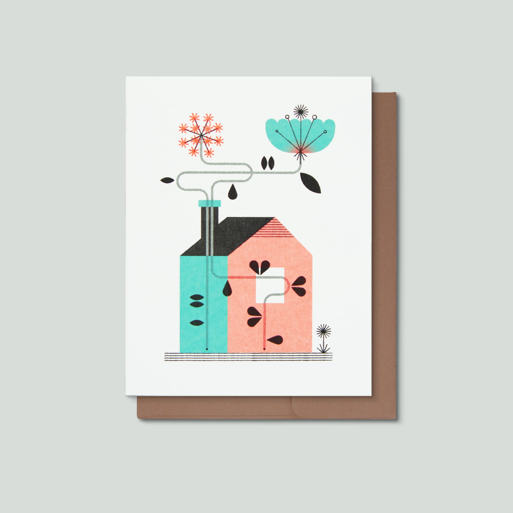 Greeting card with a stylized house design and two flowers  on a white background
