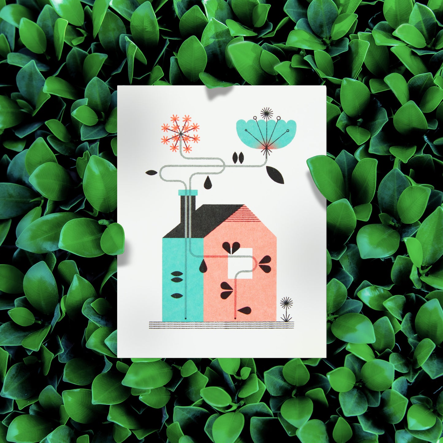 Illustration of a house with plants on a green leafy background