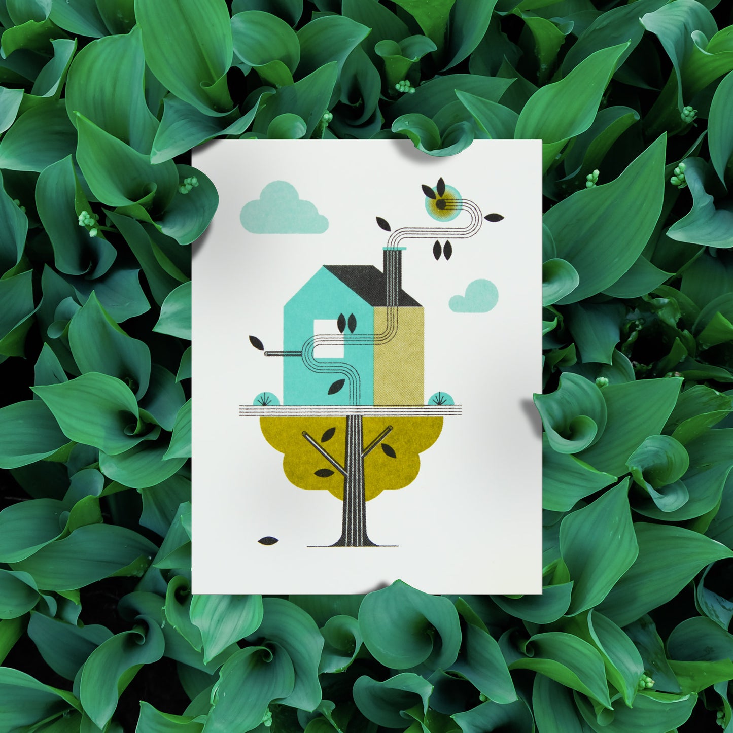 Tree & House Risograph Greeting Card