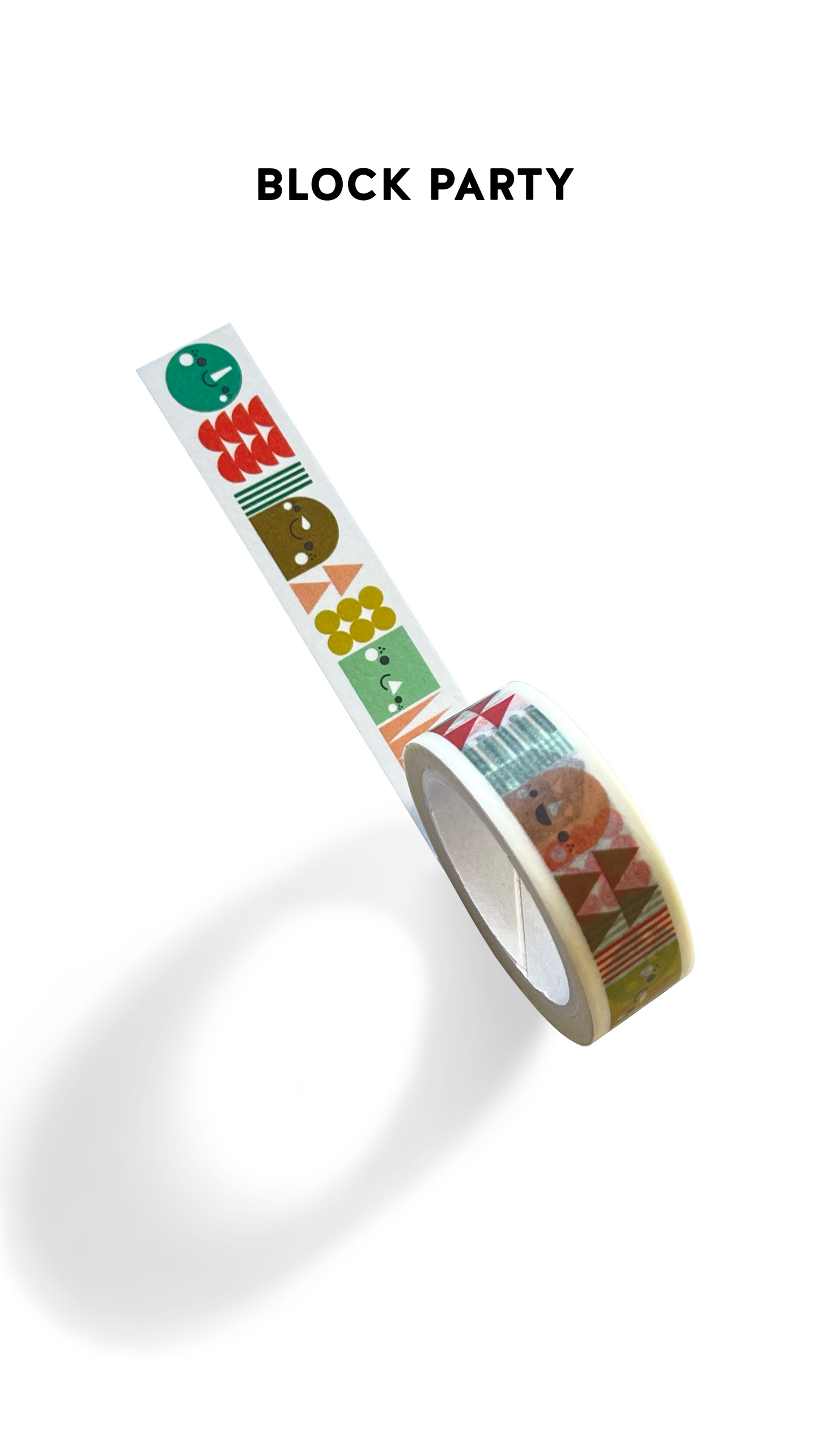 Decorative washi tape with colorful designs on a white background. The design is called 'Block Party'.