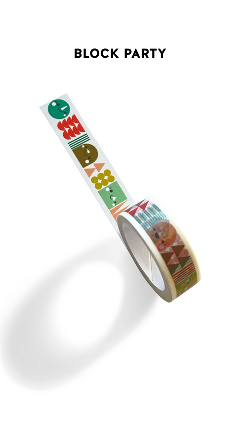 Decorative washi tape with colorful designs on a white background. The design is called 'Block Party'.