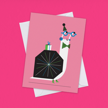 Greeting card with a stylized character holding a gift on a pink background