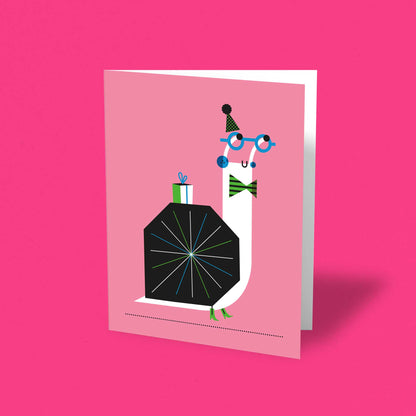 Greeting card with a stylized character on a pink background