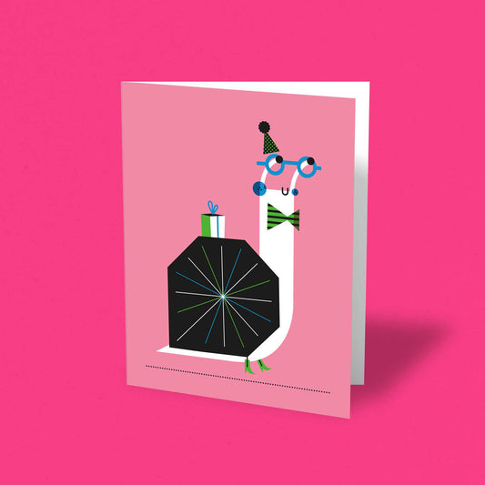 Greeting card with a stylized character on a pink background