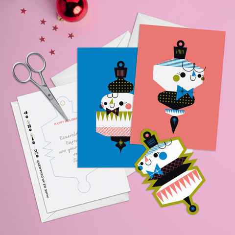 Set of 6 Cut-out Papercraft Holiday Ornament Note Cards