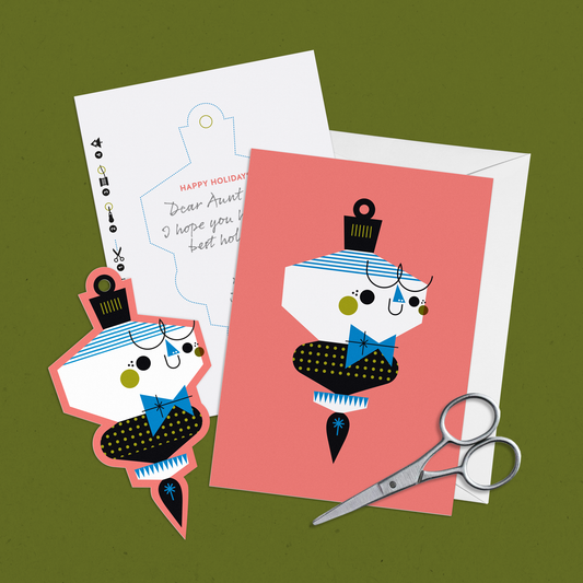 Set of 2 Red Cut-out Papercraft Holiday Ornament Note Cards